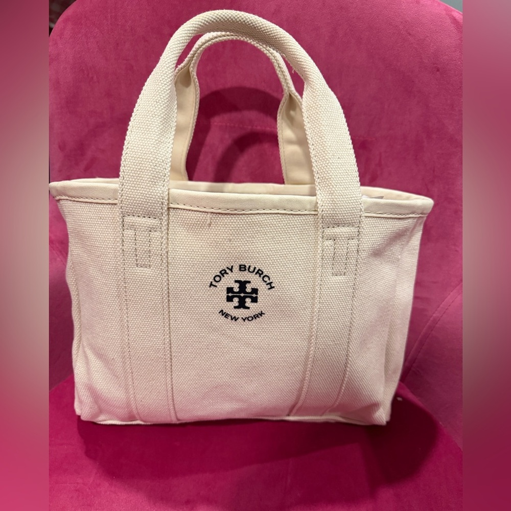 Tory Burch Cream Canvas Mini Tote with Logo